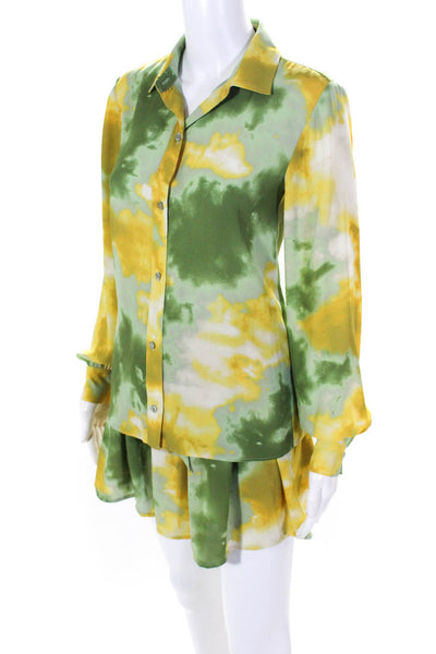 Toccin Womens Tie Dye Buttoned Collared Long Sleeve Top Short St Green Size 2 XS