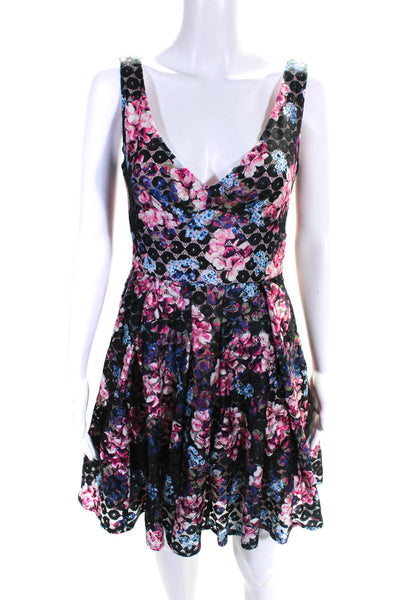 Betsey Johnson Womens Floral Print Lace V-Neck Knee Length Dress Pink Size 2