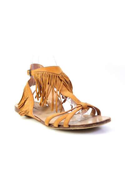 Sigerson Morrison Women's Suede Round Toe Flat Tassel Sandals Tan Size 8.5