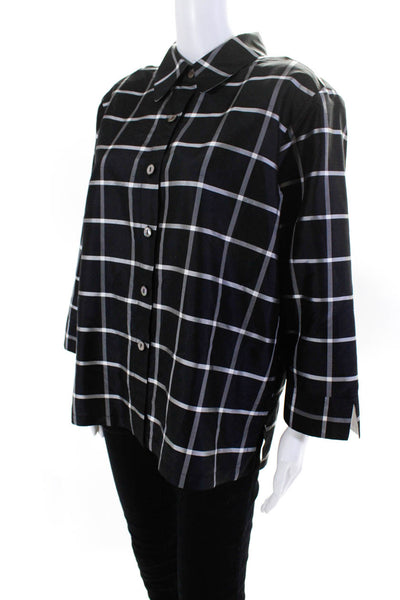 Linea by Louis Dell Olio Women's Striped Button Down 3/4 Sleeve Top Black Size L