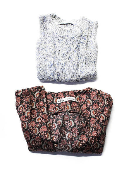 Zara White + Warren Womens Floral Print Front Tie Blouse Top Red Size XS Lot 2