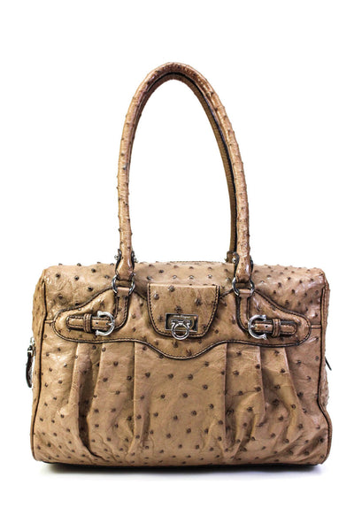 Salvatore Ferragamo Women's Ostrich Leather Top Handle Bag Brown Size M
