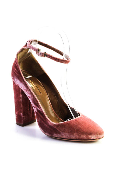 Aquazzura Womens Block Heel Ankle Strap Velvet Pumps Pink Size 36.5
