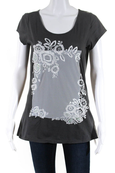 Trixie Womens Embroidered Mesh Tee Shirt Gray White Cotton Size Medium