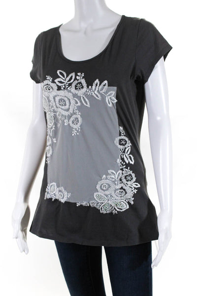 Trixie Womens Embroidered Mesh Tee Shirt Gray White Cotton Size Medium