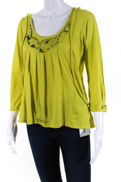 Trixie Womens Embroidered Beaded Blouse Lime Green Cotton Size Medium