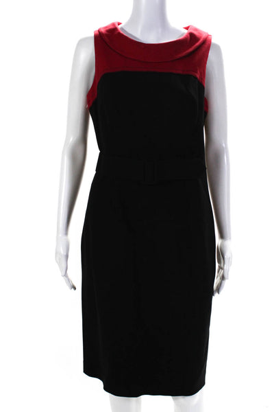 Kay Unger Womens Back Zip Sleeveless Collared Belted Sheath Dress Black Red 10