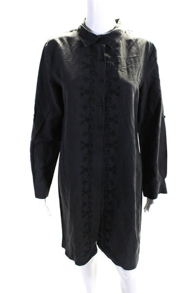 Garnet Hill Womens Cross Stitched Long Sleeve Shirt Dress Gray Silk Size 4