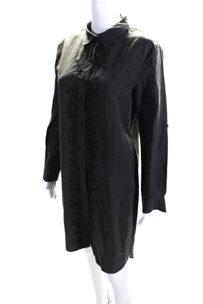 Garnet Hill Womens Cross Stitched Long Sleeve Shirt Dress Gray Silk Size 4