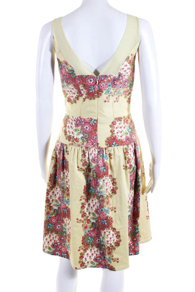 Kay Unger Womens Floral Pleated A Line V Neck Tank Dress Yellow Pink Size 6