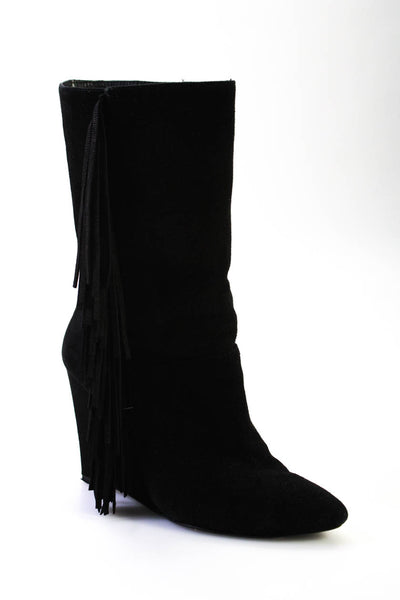 Plomo Womens Pointed Toe Suede Fringe Mid Calf Wedge Boots Black Size 38 8