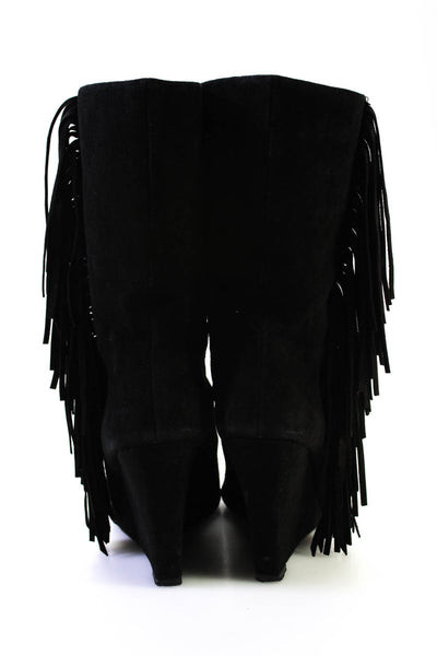 Plomo Womens Pointed Toe Suede Fringe Mid Calf Wedge Boots Black Size 38 8