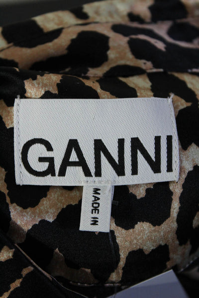 Ganni Women's Animal Print Long Sleeve Button Up Collar Blouse Black Size 34