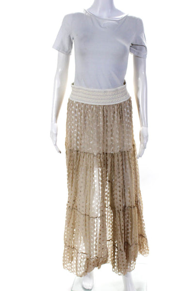 Jeff Gallano Womens Elastic Waist Laser Cut Silk Chiffon Midi Skirt Beige Size 1