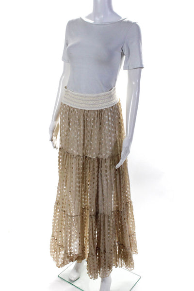 Jeff Gallano Womens Elastic Waist Laser Cut Silk Chiffon Midi Skirt Beige Size 1