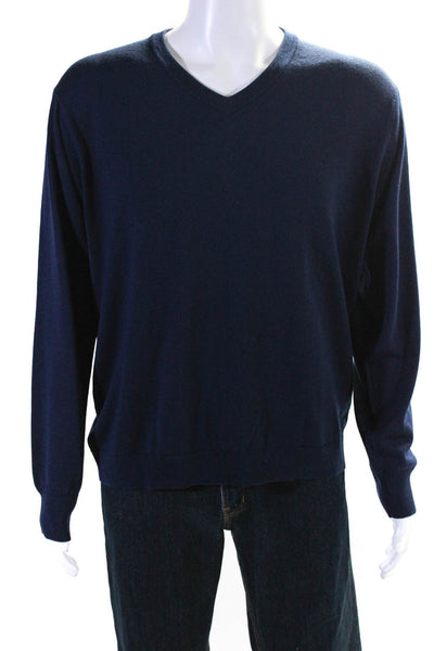J Crew Mens Merino Wool Tight-Knit V-Neck Long Sleeve Sweater Navy Blue Size XL