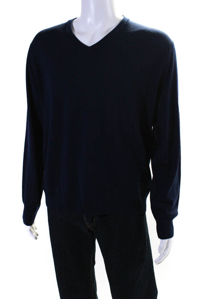J Crew Mens Merino Wool Tight-Knit V-Neck Long Sleeve Sweater Navy Blue Size XL