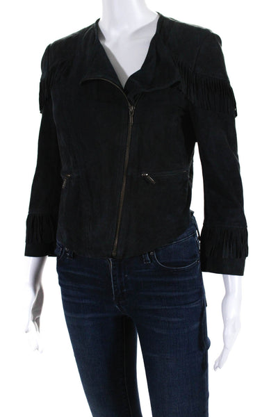 Elevenses Anthropologie Womens Suede Fringe Zip Up Jacket Black Size XS