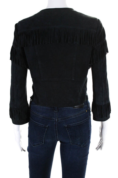 Elevenses Anthropologie Womens Suede Fringe Zip Up Jacket Black Size XS