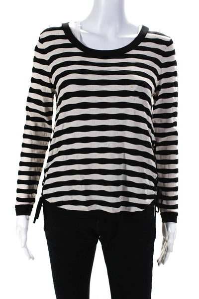 Claudie Pierlot Womens Striped Crew Neck Lace Up Sweater Black Ivory Size 2
