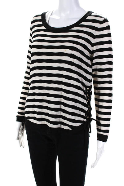 Claudie Pierlot Womens Striped Crew Neck Lace Up Sweater Black Ivory Size 2