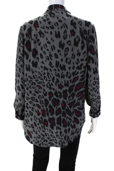 Equipment Femme Womens Leopard Print Button Up Top Blouse Gray Magenta Small