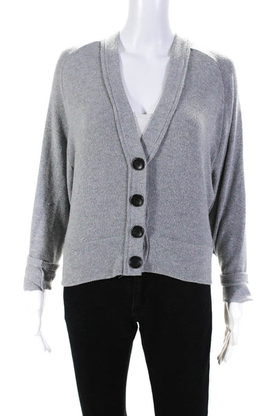 Enza Costa Womens Ribbed V Neck Button Up Cardigan Sweater Gray Size Small