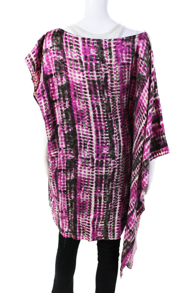Karen Zambos Womens Silk Abstract Short Sleeve Pullover Poncho Top Purple Size 6