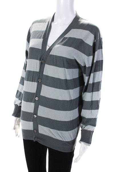 Nicole Farhi Womens Cotton Striped Buttoned Long Sleeve Cardigan Gray Size L
