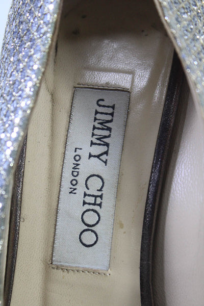 Jimmy Choo Womens Glitter Platform Peep Toe Stiletto Heels Silver Tone Size 7.5