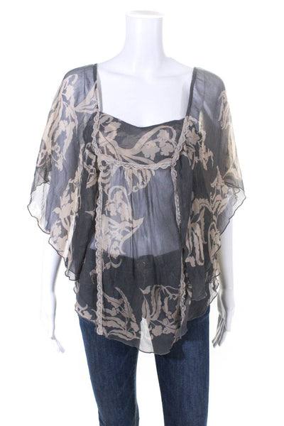 Hale Bob Womens Floral Half Sleeved Square Neck Tunic Blouse Gray Beige Size XS