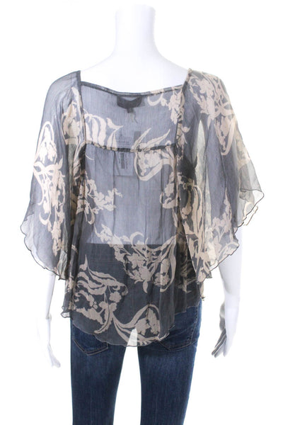 Hale Bob Womens Floral Half Sleeved Square Neck Tunic Blouse Gray Beige Size XS