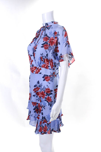 Parker Womens Floral Short Sleeved Tied Neckline Short Dress Blue Red Size 4