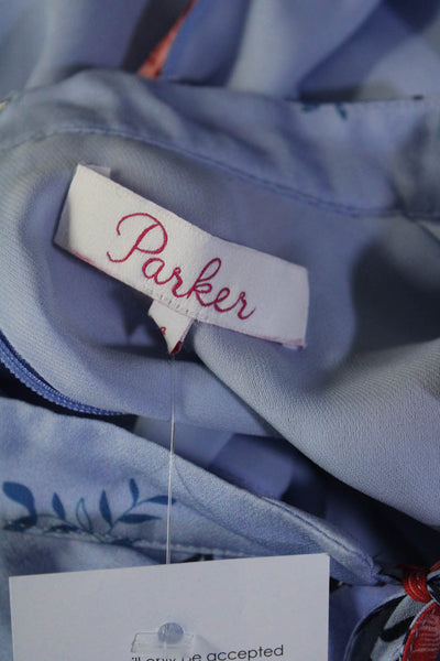 Parker Womens Floral Short Sleeved Tied Neckline Short Dress Blue Red Size 4