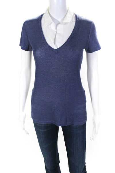 Amina Rubinacci Womens Rib Knit Layered Collar T-Shirt Top Blouse Blue Size 42