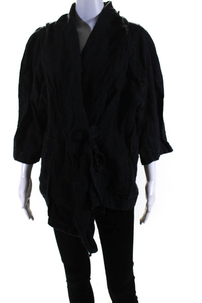 Flax Womens Black Linen Tie Front Collar Long Sleeve Top Size L