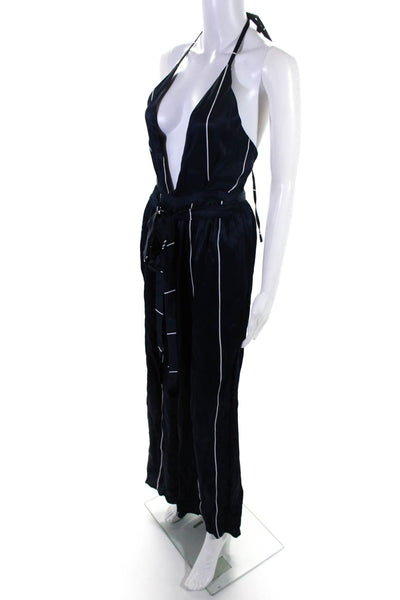 Faithfull Women's Halter Neck Striped Wide Leg Jumpsuit Navy Size 2