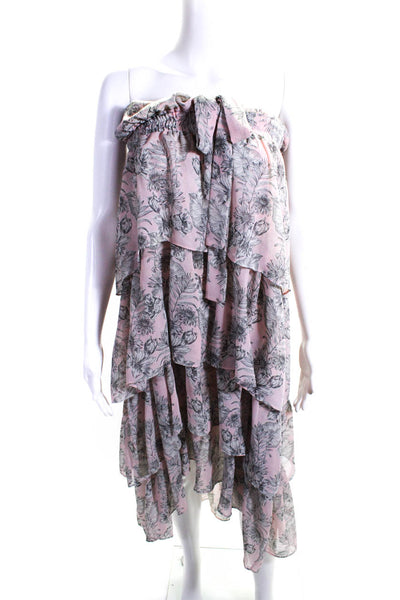 Misa Womens Pink Floral Print Tie Front Strapless Ruffle Tiered Dress Size XS