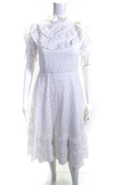 Karine Womens White Cotton Ruffle High Neck Lace Fit & Flare Dress Size S