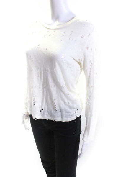 IRO Womens White Linen Distress Crew Neck Long Sleeve Knit Blouse Top Size XS