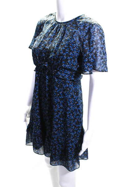 Parker Womens Chiffon Floral Print Short Sleeve A-Line Dress Black Blue Size 0