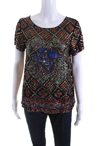 Calypso Women's Round Neck Short Sleeves Sequin Beads Blouse Multicolor Size S