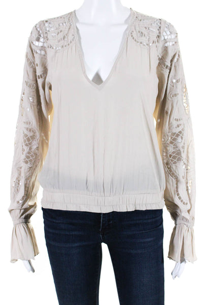 Ramy Brook Womens V-Neck Cut Out Elastic Hem Long Sleeve Blouse Beige Size XS