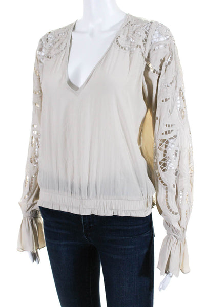 Ramy Brook Womens V-Neck Cut Out Elastic Hem Long Sleeve Blouse Beige Size XS