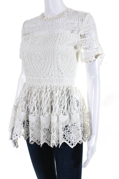 Alexis Womens Lace Cut Out Short Sleeve Peplum Blouse Top Ivory White Size S