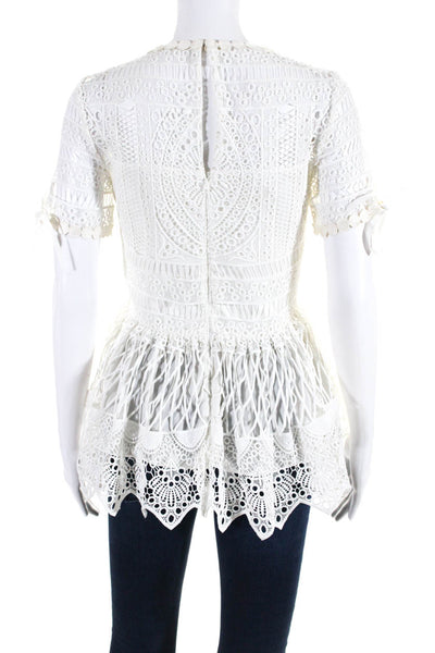 Alexis Womens Lace Cut Out Short Sleeve Peplum Blouse Top Ivory White Size S