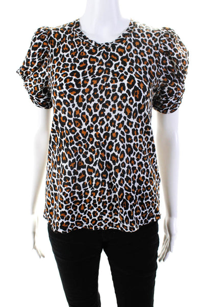 A.L.C. Womens Cotton Puff Sleeve Leopard Print T-Shirt Top Blouse Brown Size XS