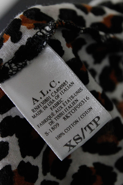 A.L.C. Womens Cotton Puff Sleeve Leopard Print T-Shirt Top Blouse Brown Size XS