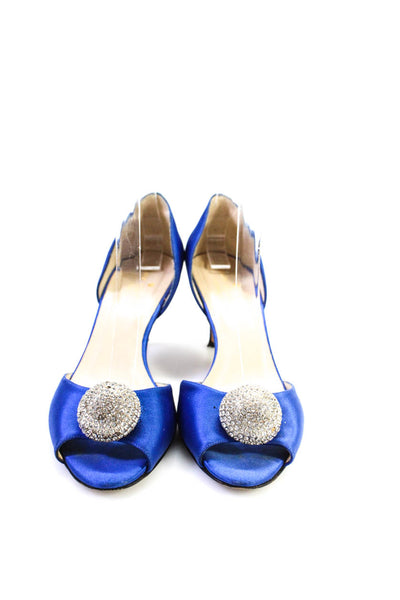 Kate Spade Women's Satin Rhinestone Peep Toe Kitten Heels Blue Size 8.5