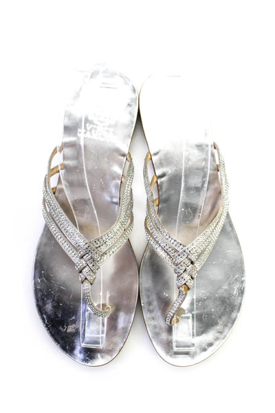 Vince Camuto Womens Leather Rhinestone Braided Flip Flops Silver Size 7.5